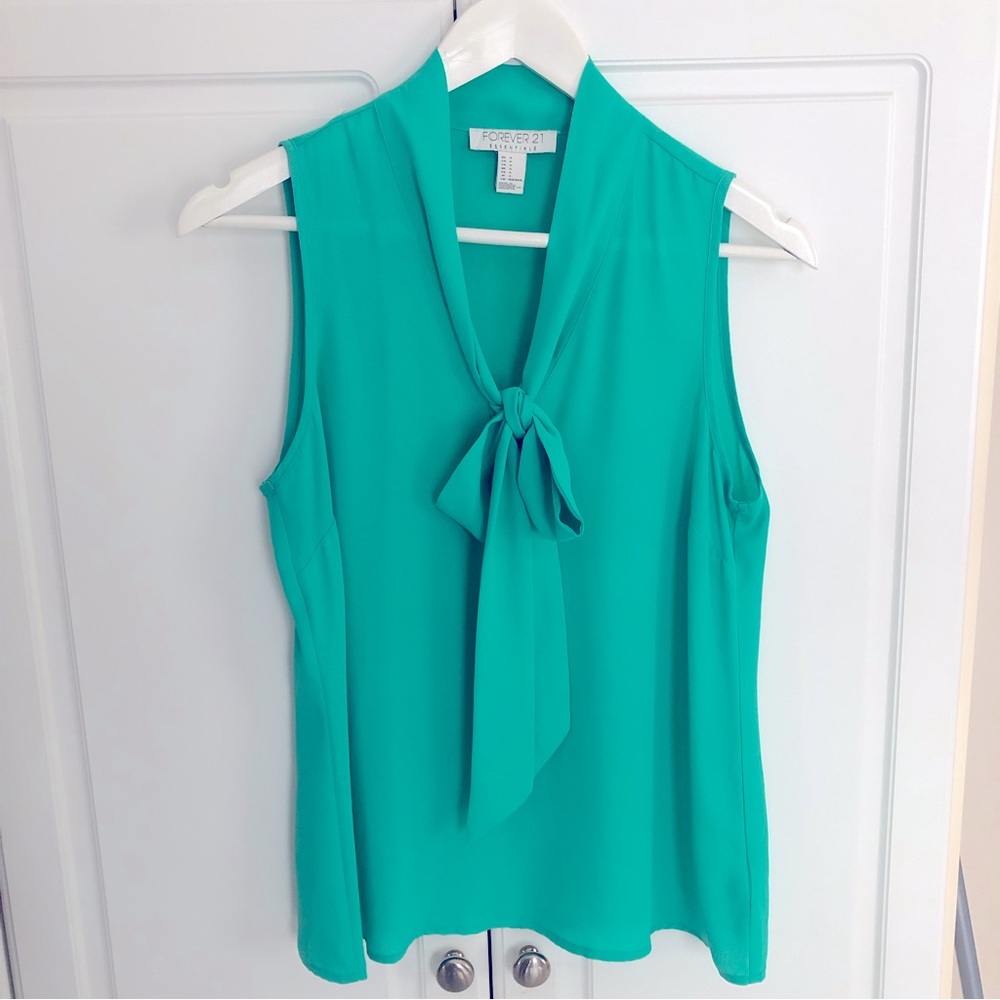 Forever 21 Small Teal Sleeveless Bow Tie Blouse Office Business Spring Layers